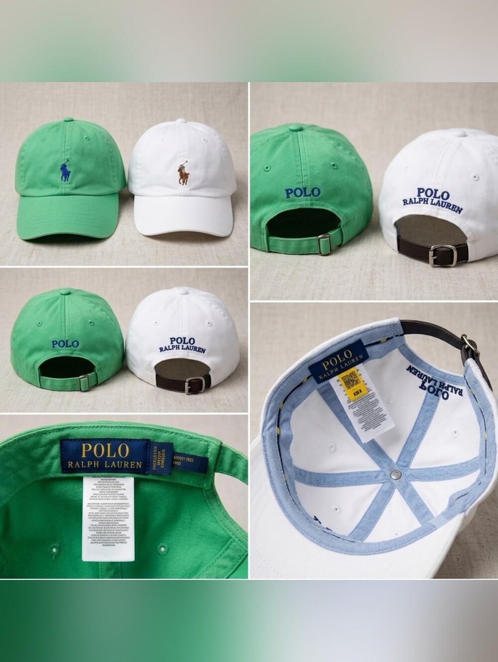 Lot of 2 Men's Polo Ralph Lauren Baseball Caps - Green & White Adjustable Hats